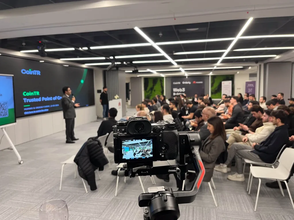 Conference stage set up for a hybrid in-person and livestream event in Istanbul