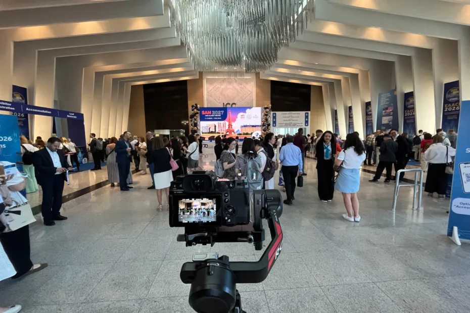 Congress center entrance set up for a real estate and construction summit in Istanbul