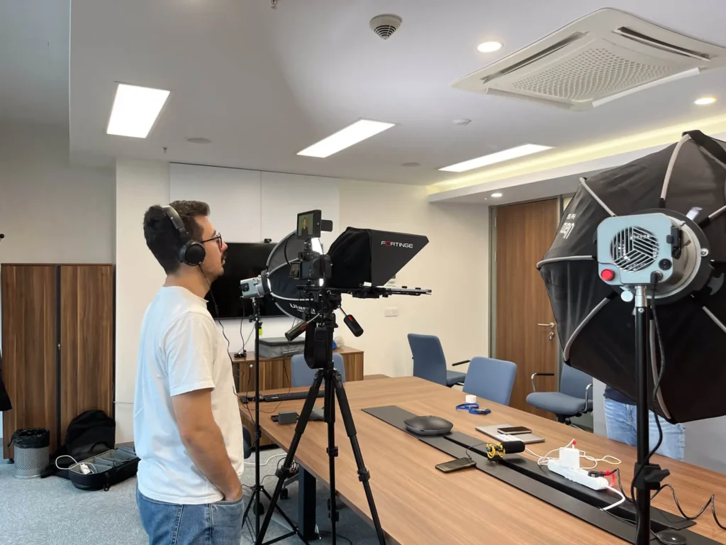 Full interview filming setup with lighting and camera for a corporate interview in Istanbul